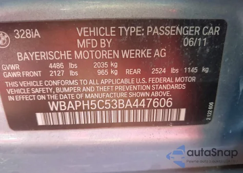 2011 BMW 328I from USA, damaged, VIN WBAPH5C53BA447606